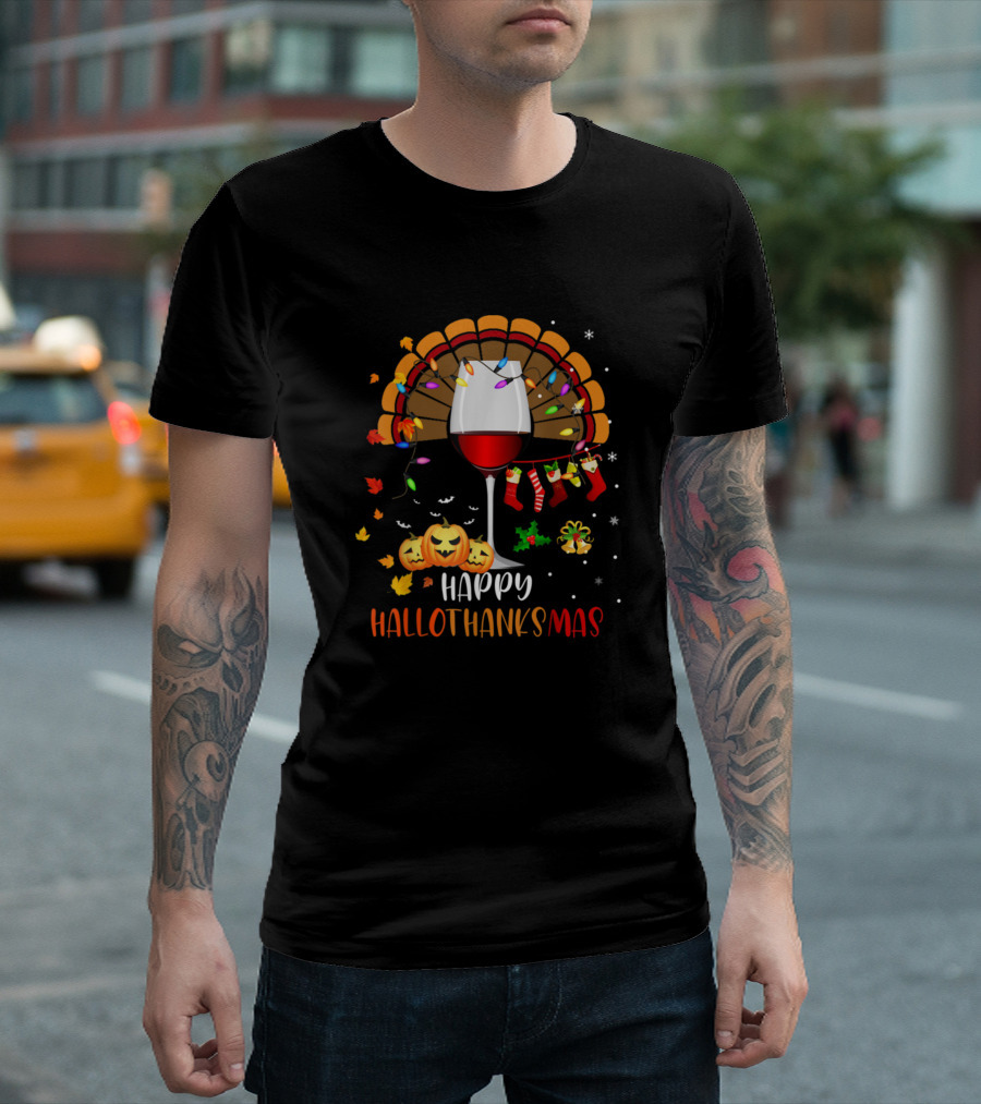 Happy Hallothanksmas Pumpkin Turkey Christmas Wine Celebrations T-Shirt