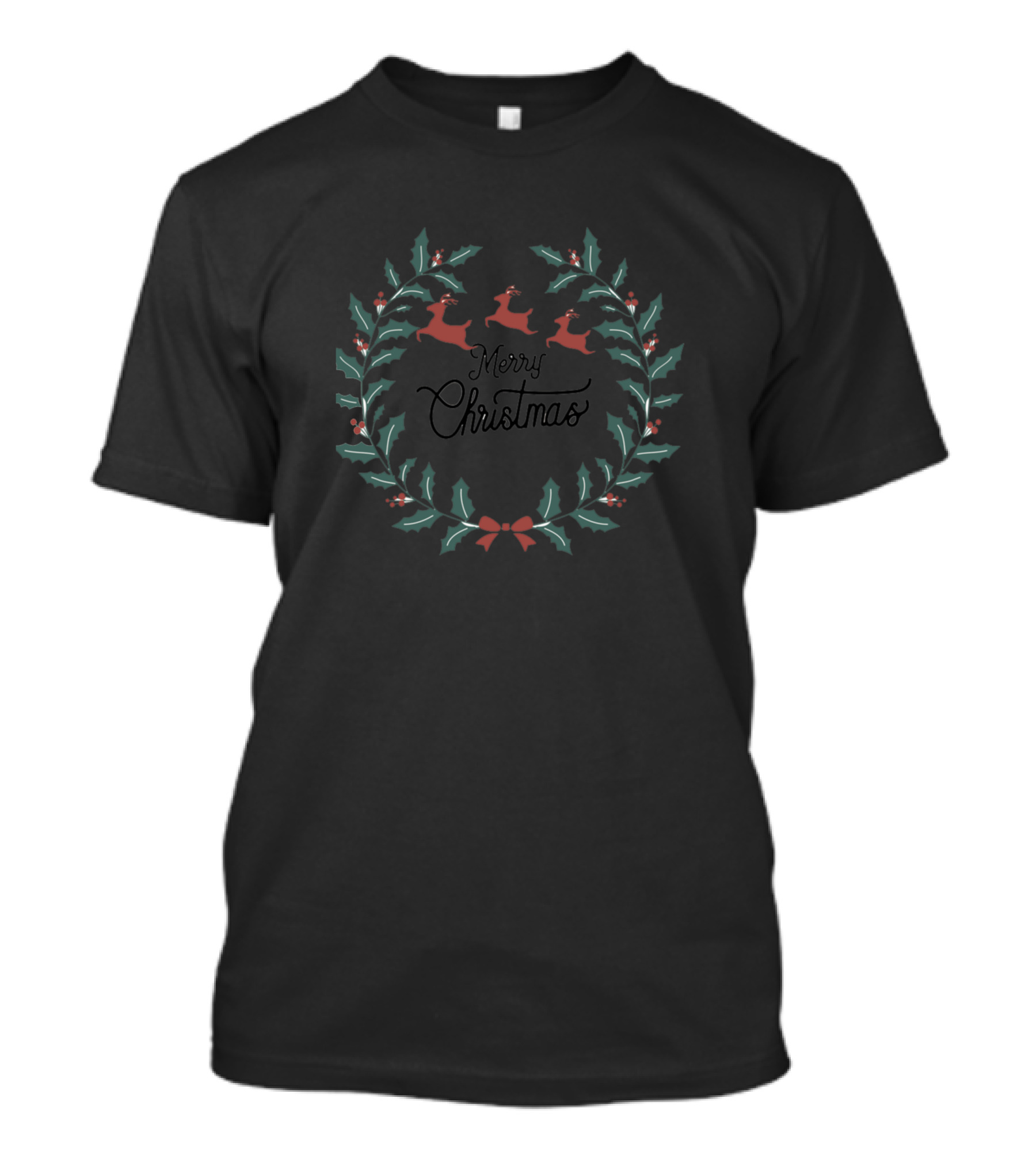 Merry Christmas Wreath With Reindeer And Holly T-Shirt