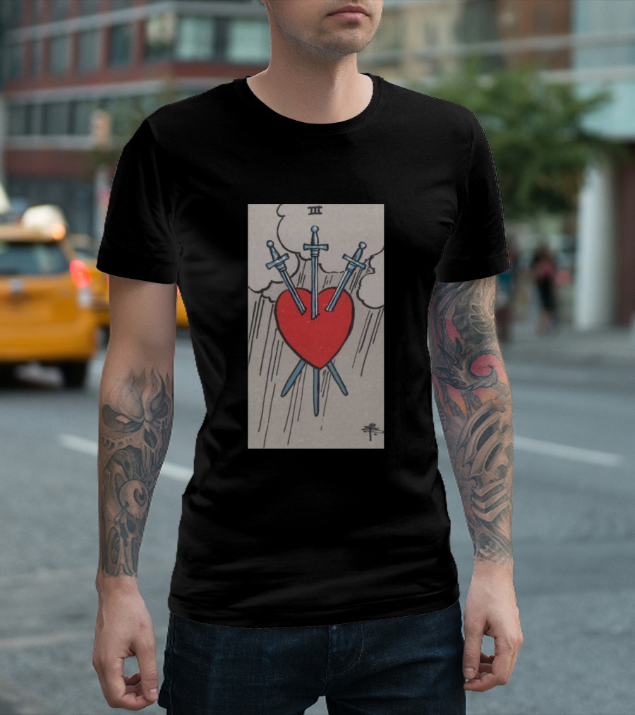 Rider Waite Tarot Card Three of Swords Heart and Swords Scene T-Shirt