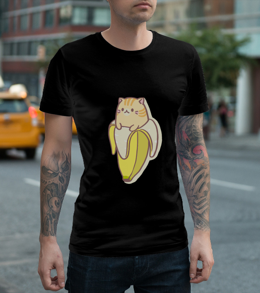 Bananya Banana Cat Cuteness with Striped Kitty in Peel T-Shirt
