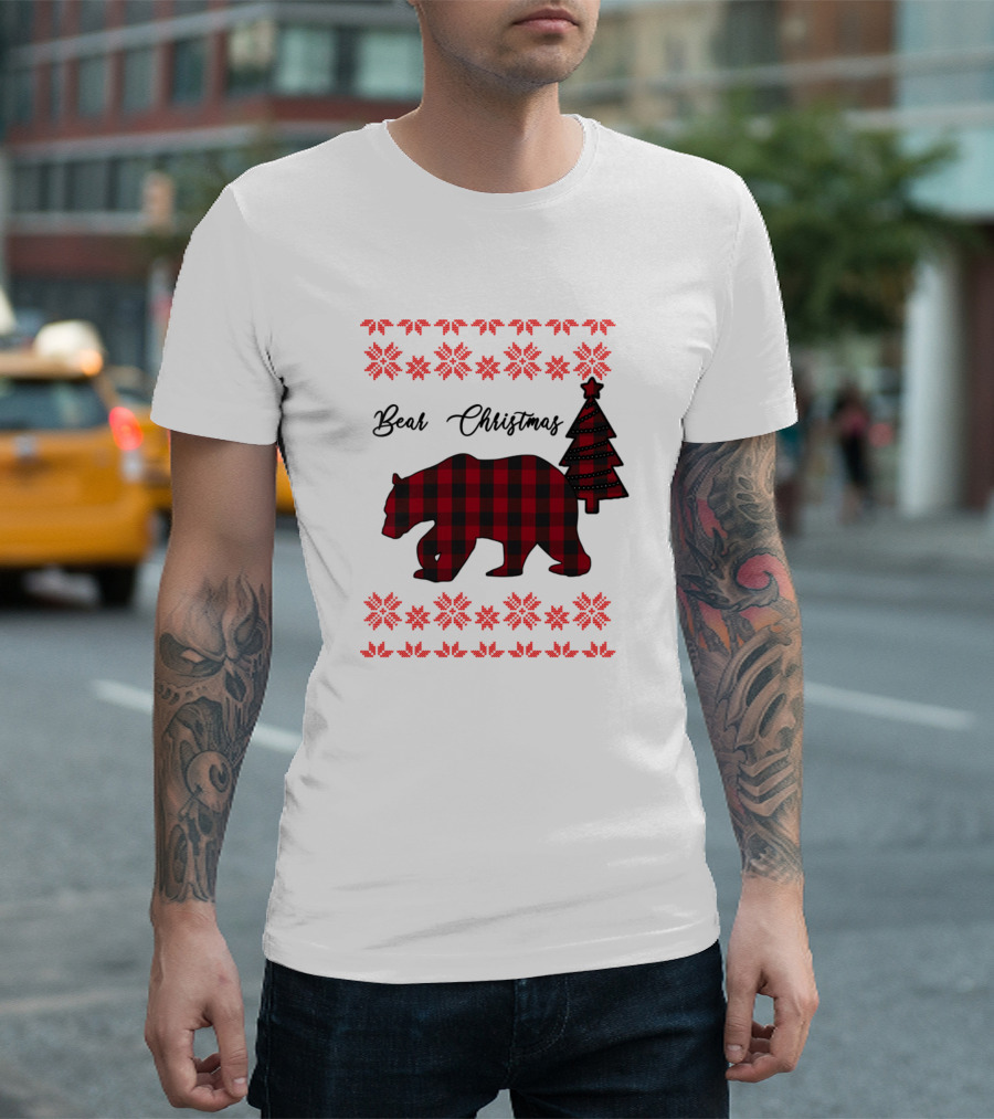 Bear Christmas Plaid Bear with Tree and Snowflake T-Shirt