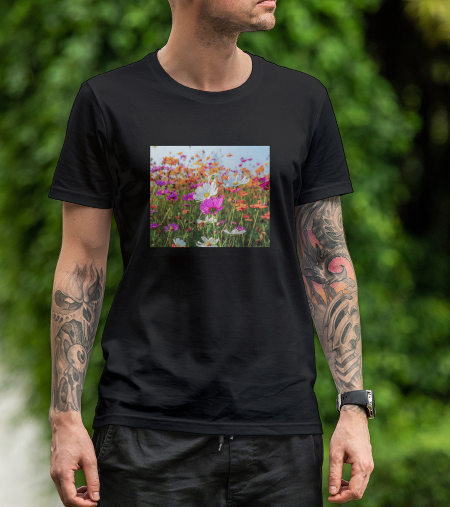 Beautiful View Of Vibrant Colorful Cosmos Flower Field T-Shirt