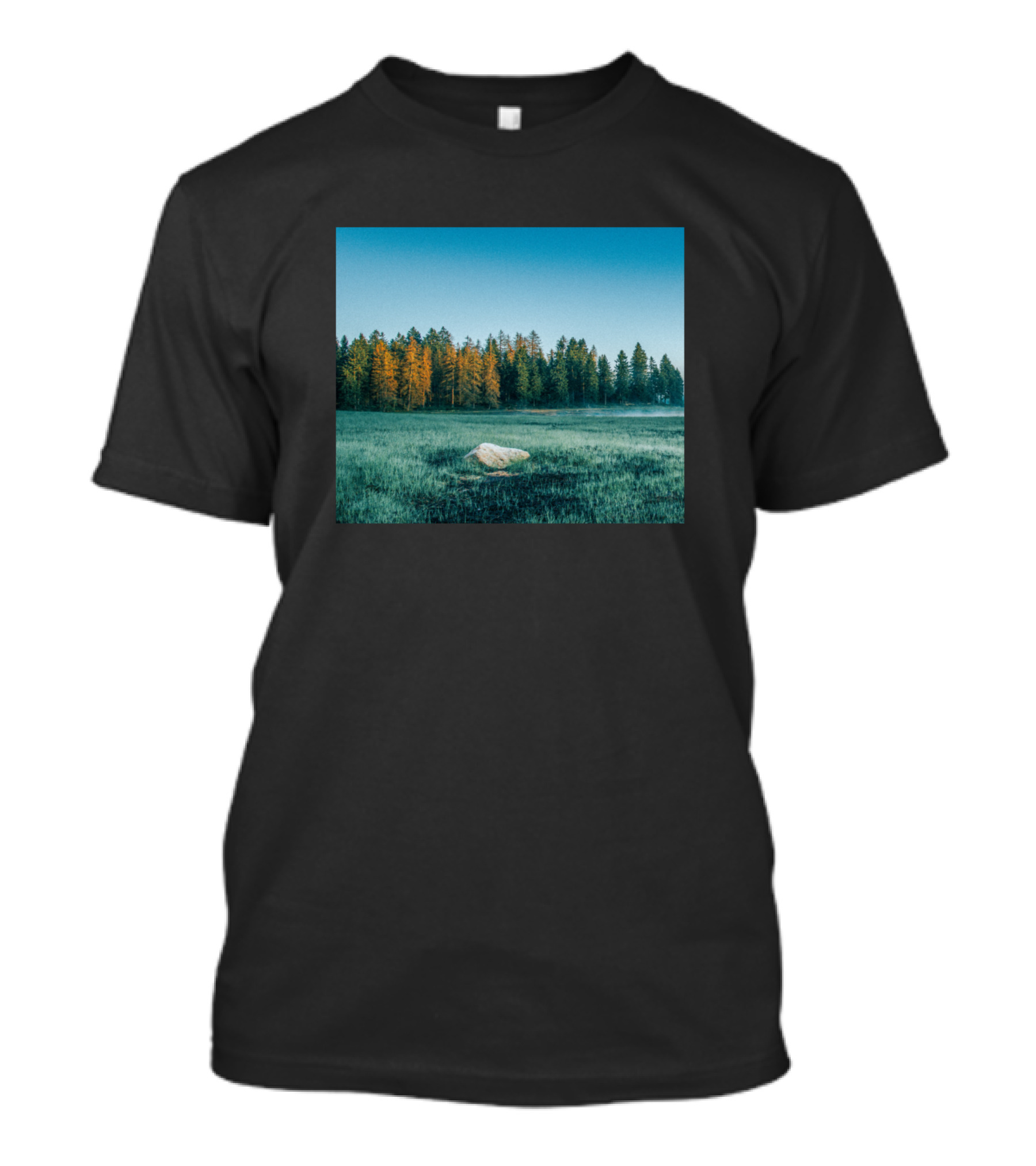 Beautiful View Of Misty Field With Autumn Forest Horizon T-Shirt