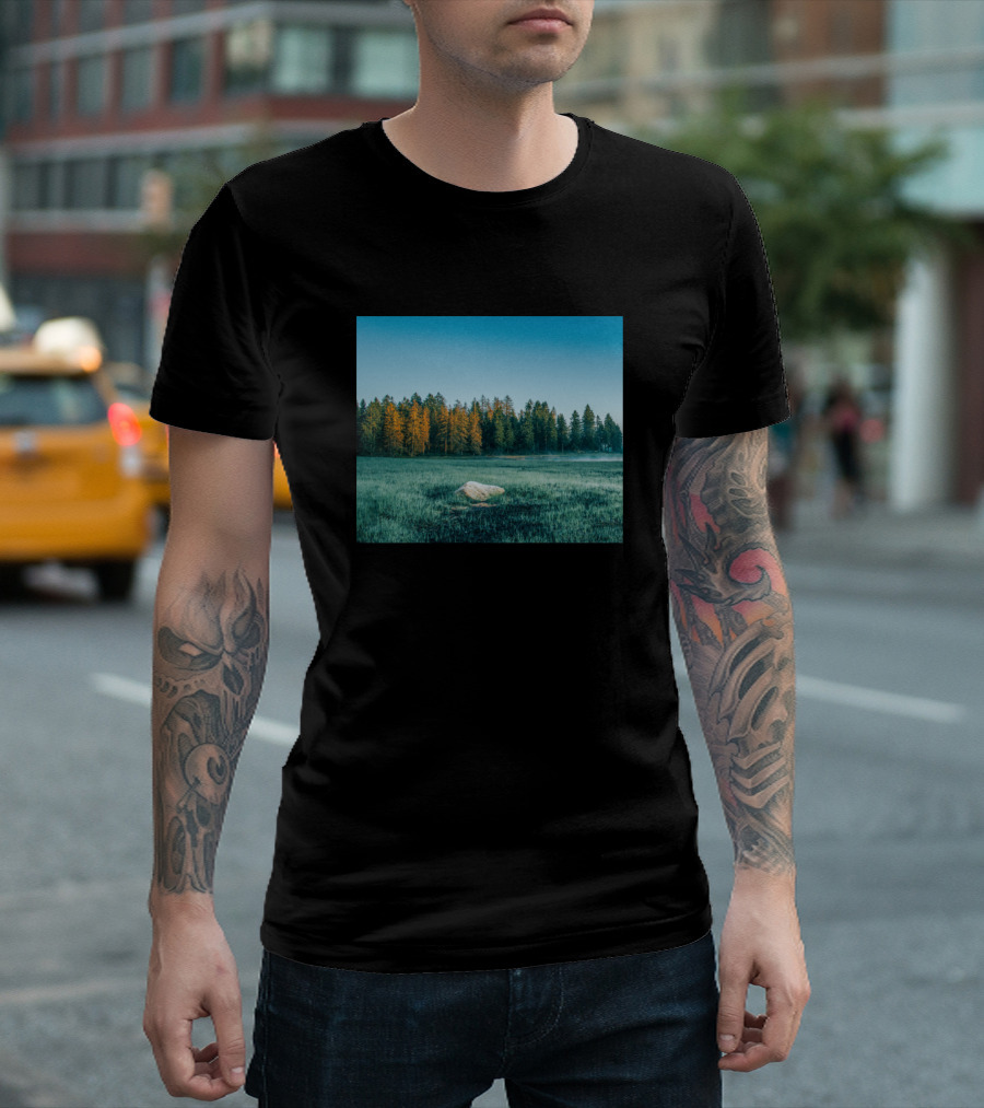 Beautiful View Of Misty Field With Autumn Forest Horizon T-Shirt