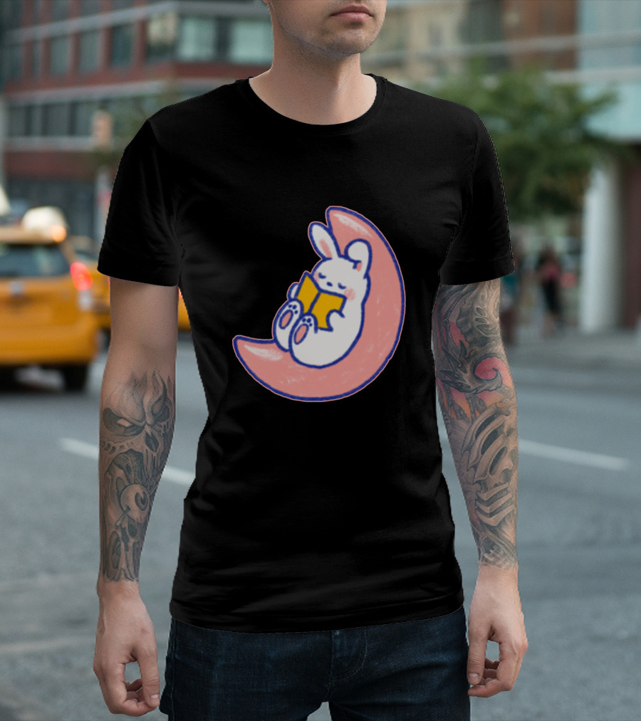 Bedtime Bunny Reading on a Pink Crescent Moon T-Shirt
