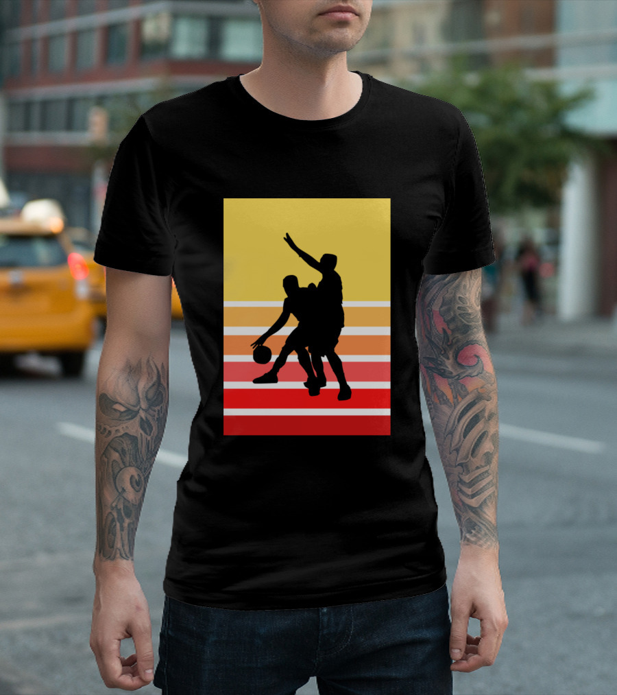 Boys Play Basketball Sunset Silhouette Retro Stripes T-Shirt