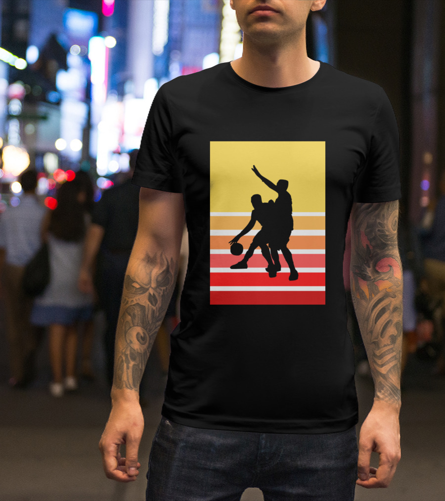 Boys Play Basketball Sunset Silhouette Retro Stripes T-Shirt