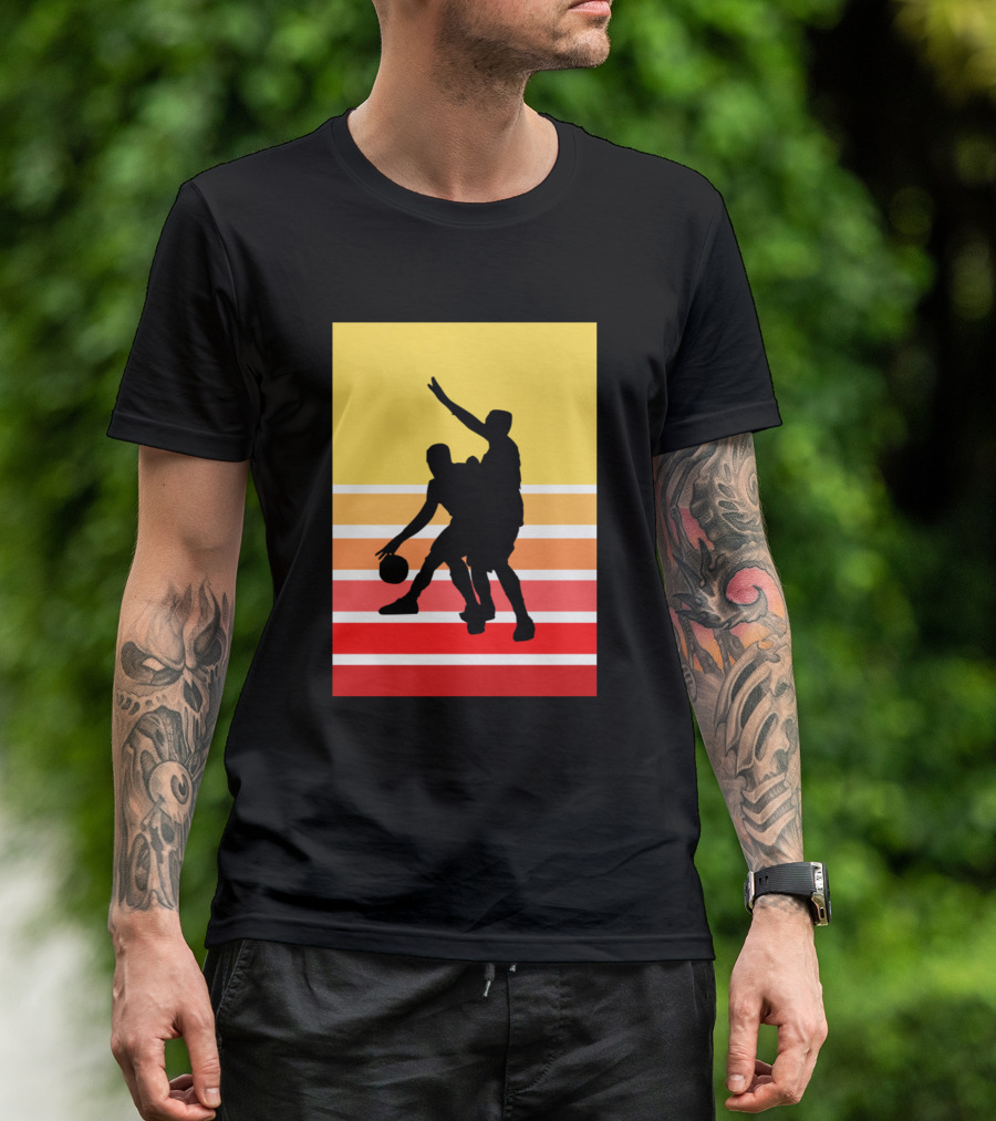 Boys Play Basketball Sunset Silhouette Retro Stripes T-Shirt