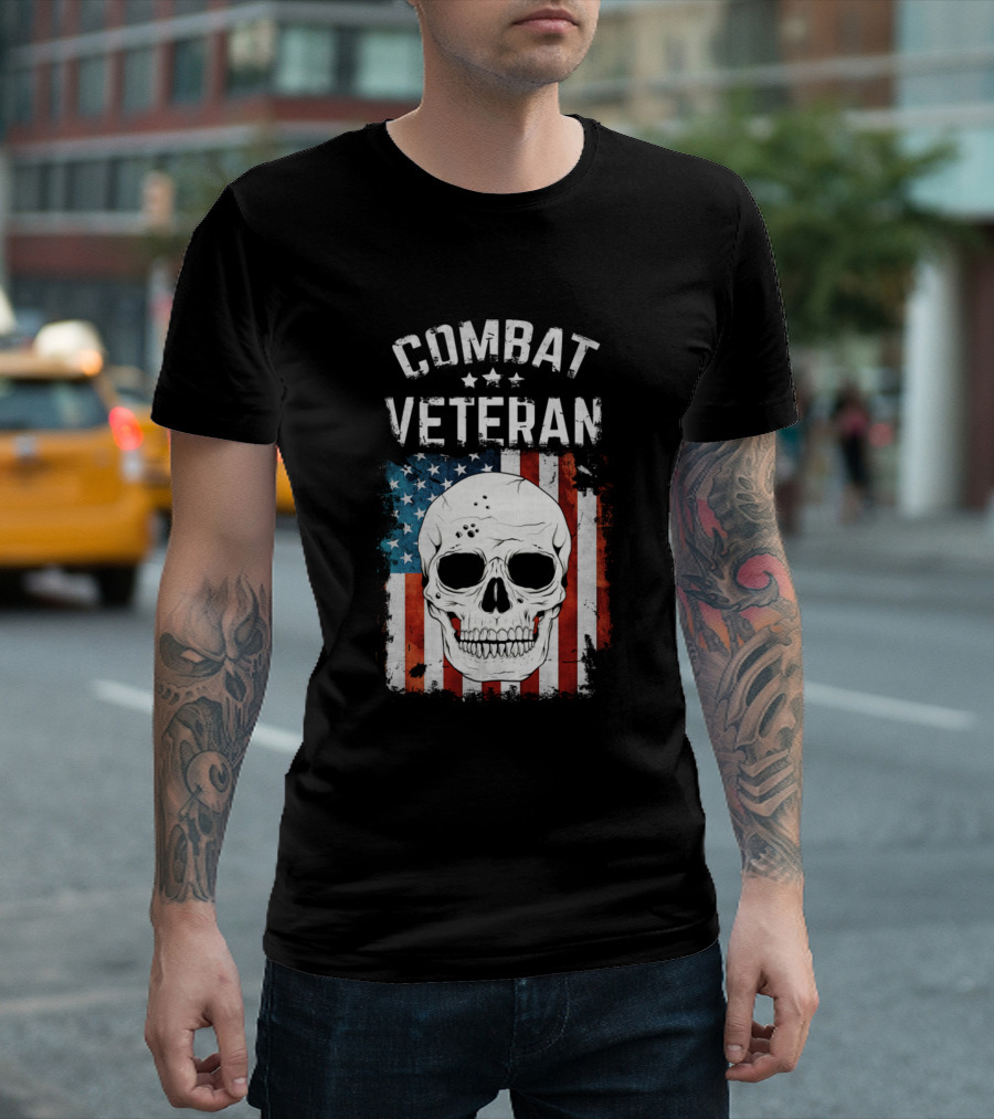 Combat Veteran Skull with American Flag Background T-Shirt