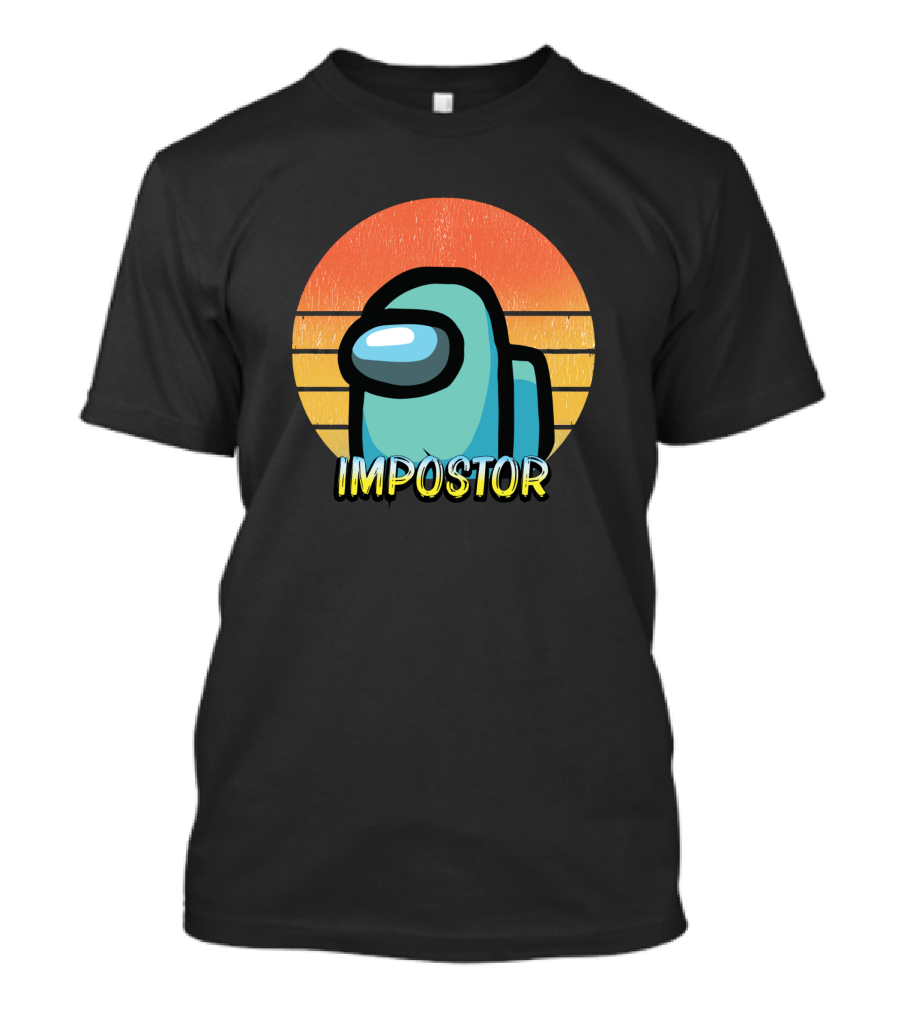 Cyan Impostor Among Us Retro Sunset Gaming Character T-Shirt