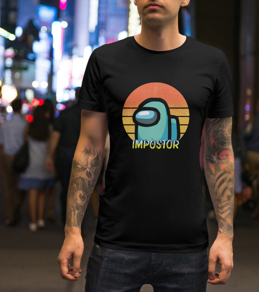 Cyan Impostor Among Us Retro Sunset Gaming Character T-Shirt