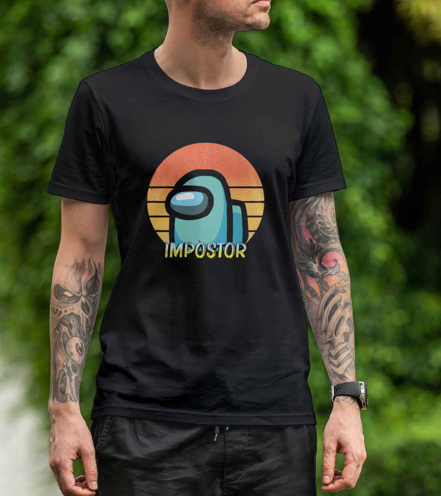 Cyan Impostor Among Us Retro Sunset Gaming Character T-Shirt