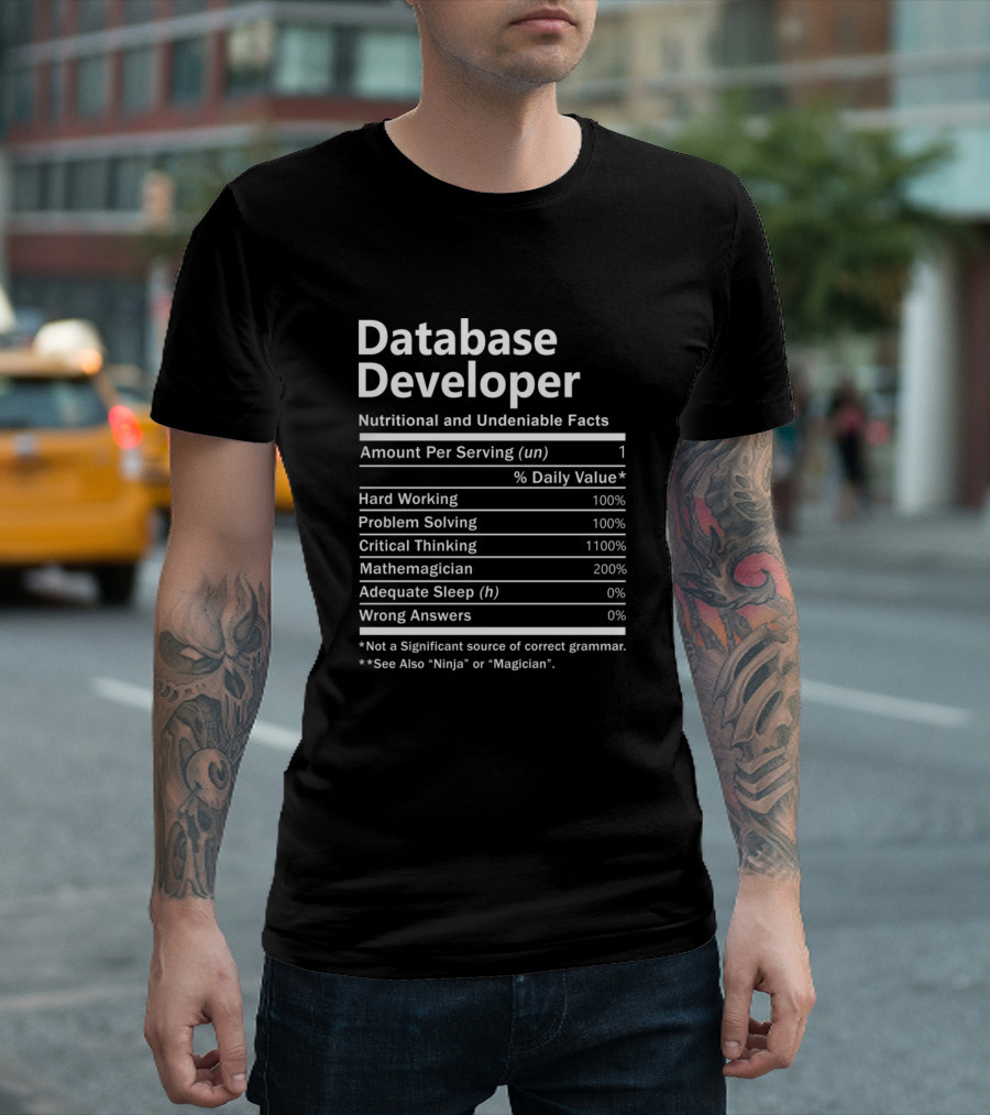 Database Developer Nutritional and Undeniable Facts Mathemagician Critical Thinking Problem Solving Hard Working T-Shirt