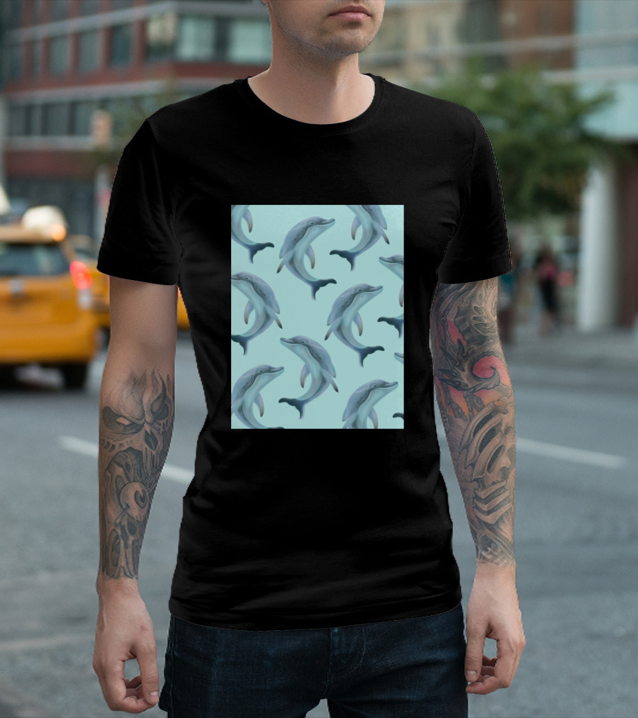 Dolphins Pattern Blue Ocean Aquatic Animals T-Shirt