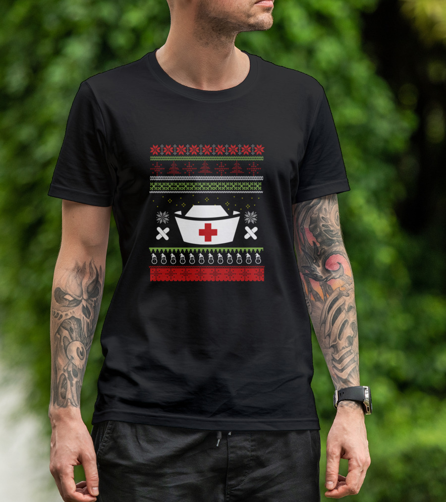 Funny Nurse Crew Santa Hat Reindeer Merry Nurse Hat Crossbones Christmas T-Shirt