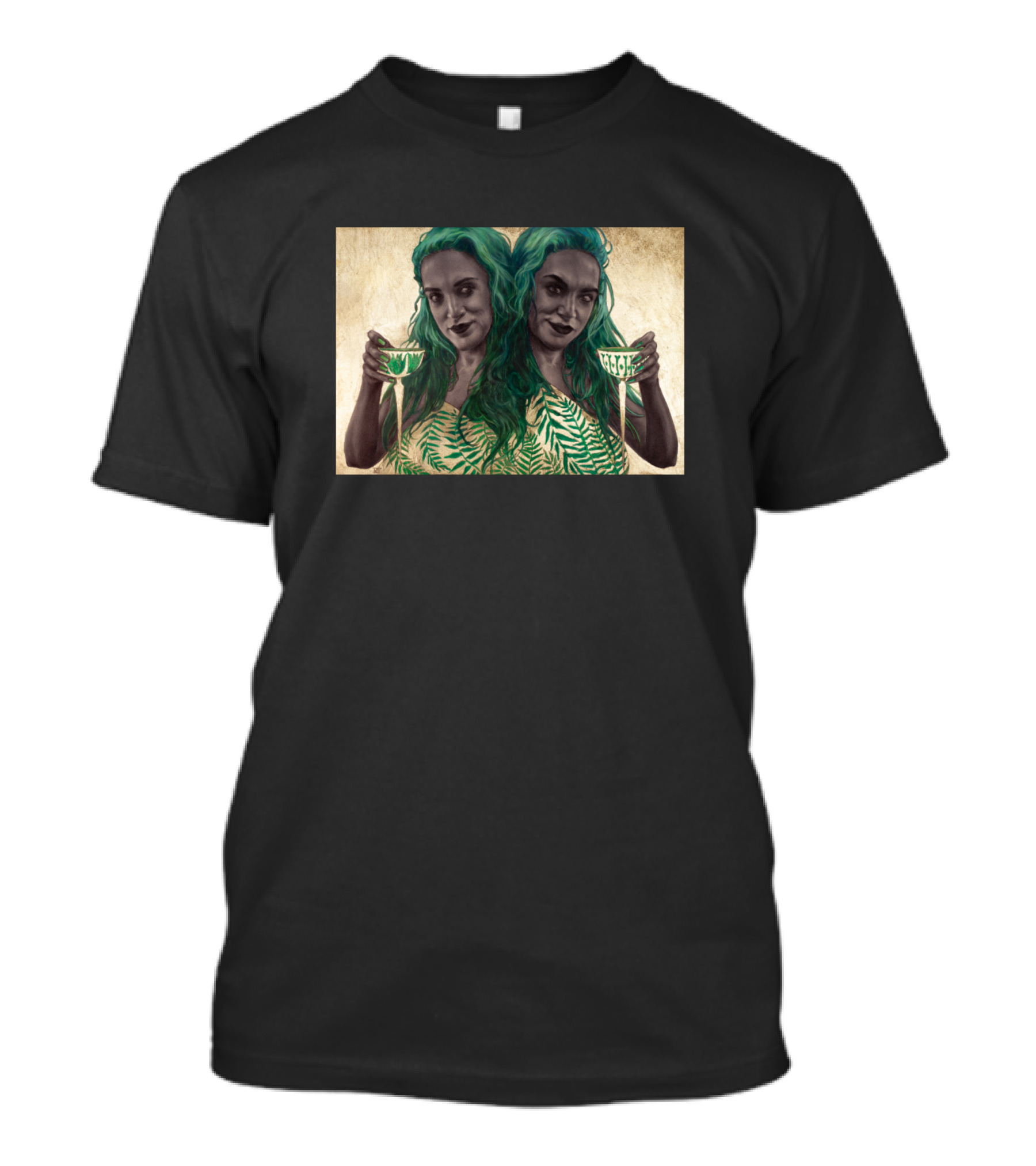 Green Lady Double Portrait With Green Leaf Pattern And Green Hair T-Shirt