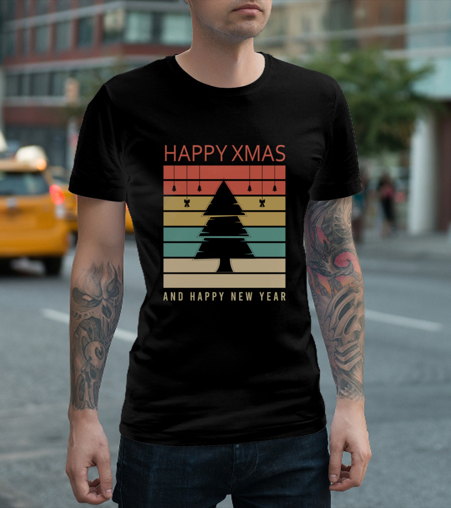 HAPPY XMAS AND HAPPY NEW YEAR Christmas Tree Retro Stripes T-Shirt