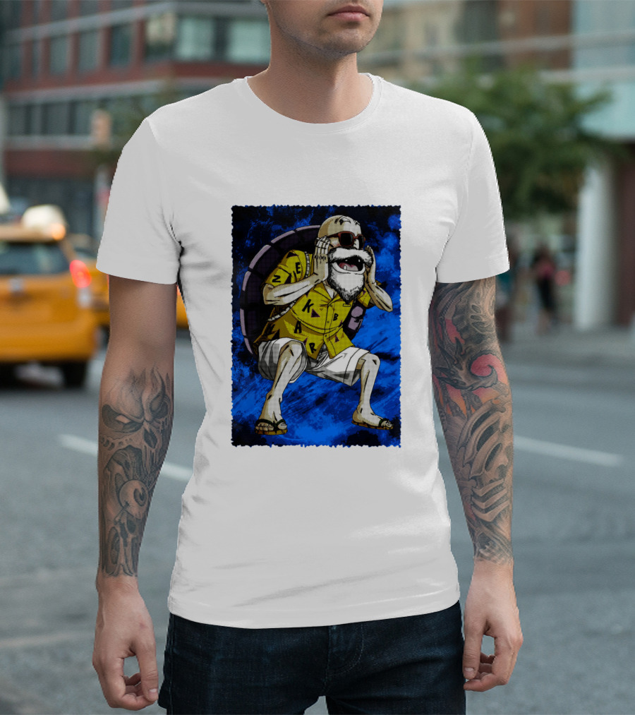 Kamesennin Squatting with Sunglasses and Turtle Shell Backpack T-Shirt