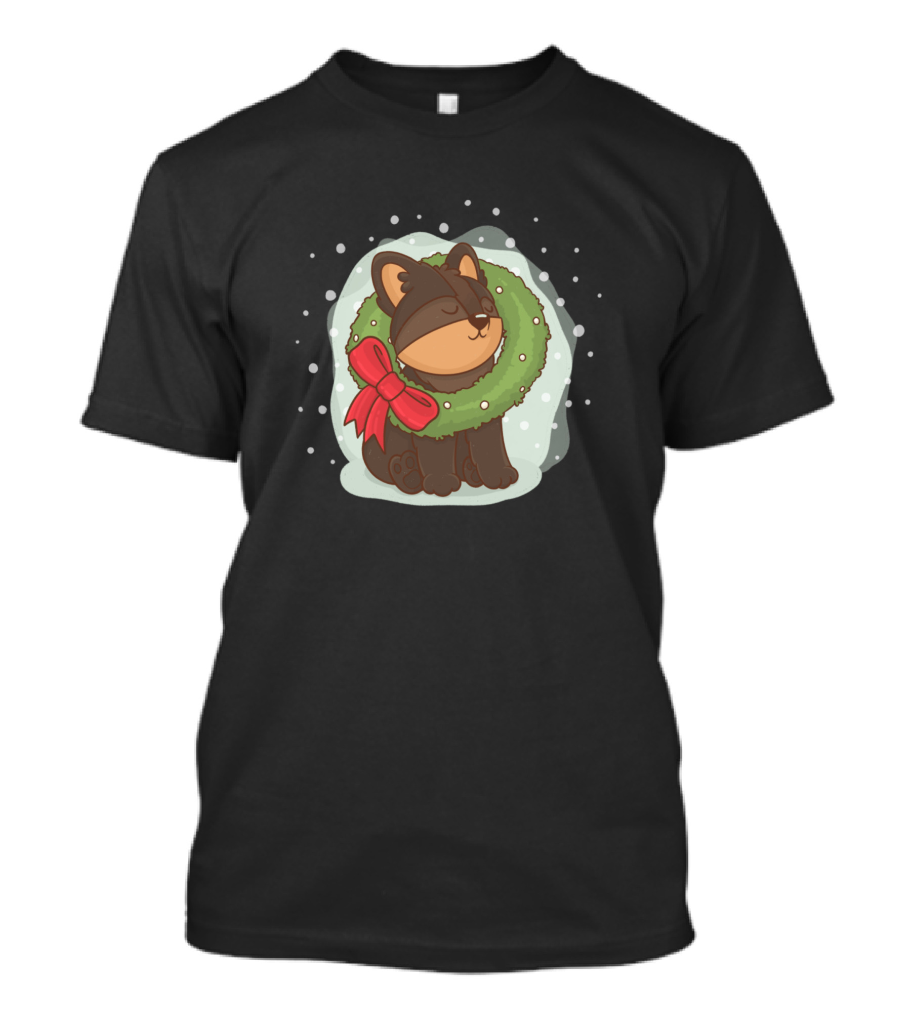 Kawaii Yorkie Dog Festive Christmas Wreath With Red Bow Snowflakes T-Shirt