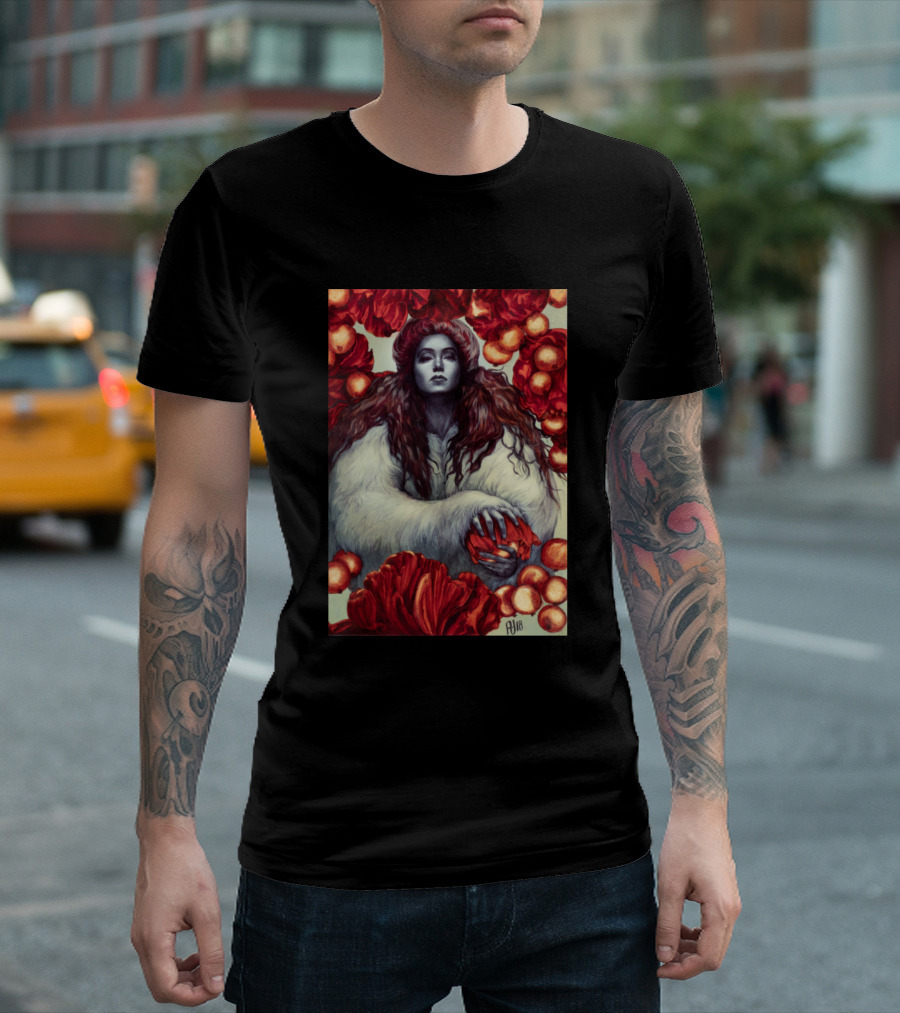 La Regna Mysterious Figure with Red Hair and White Fur Surrounded by Red Blossoms and Orange Berries T-Shirt