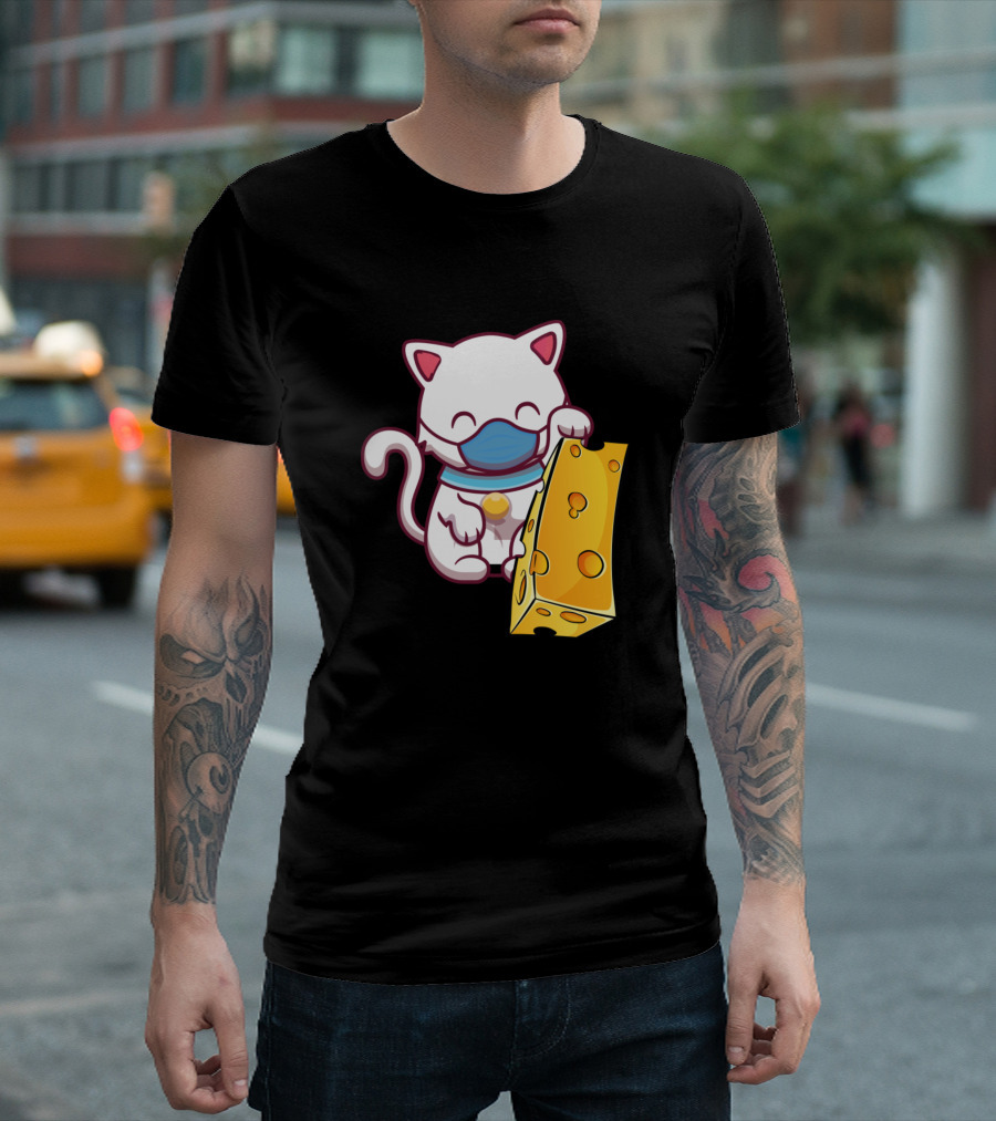My Cat Loves Cheese Masked Cat Cartoon Holding Cheese T-Shirt