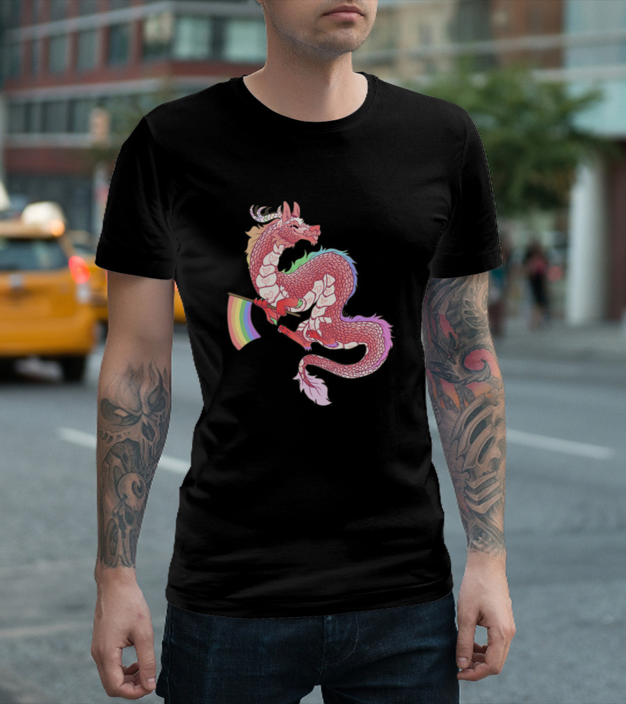 Pastel Eastern Dragon With Rainbow Pride Flag T-Shirt