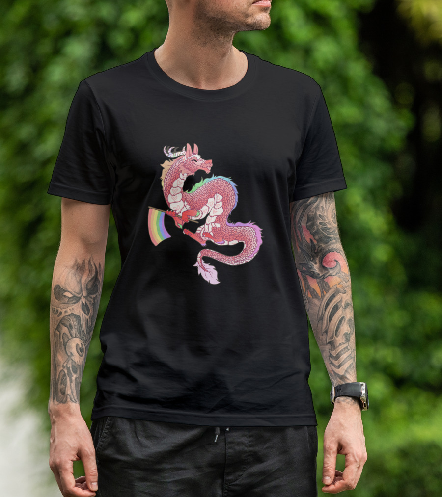Pastel Eastern Dragon With Rainbow Pride Flag T-Shirt