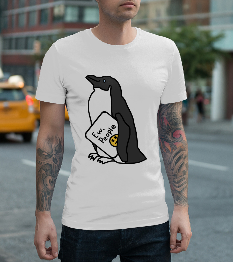 Penguin Holding Ew People Sign With Unamused Emoji T-Shirt