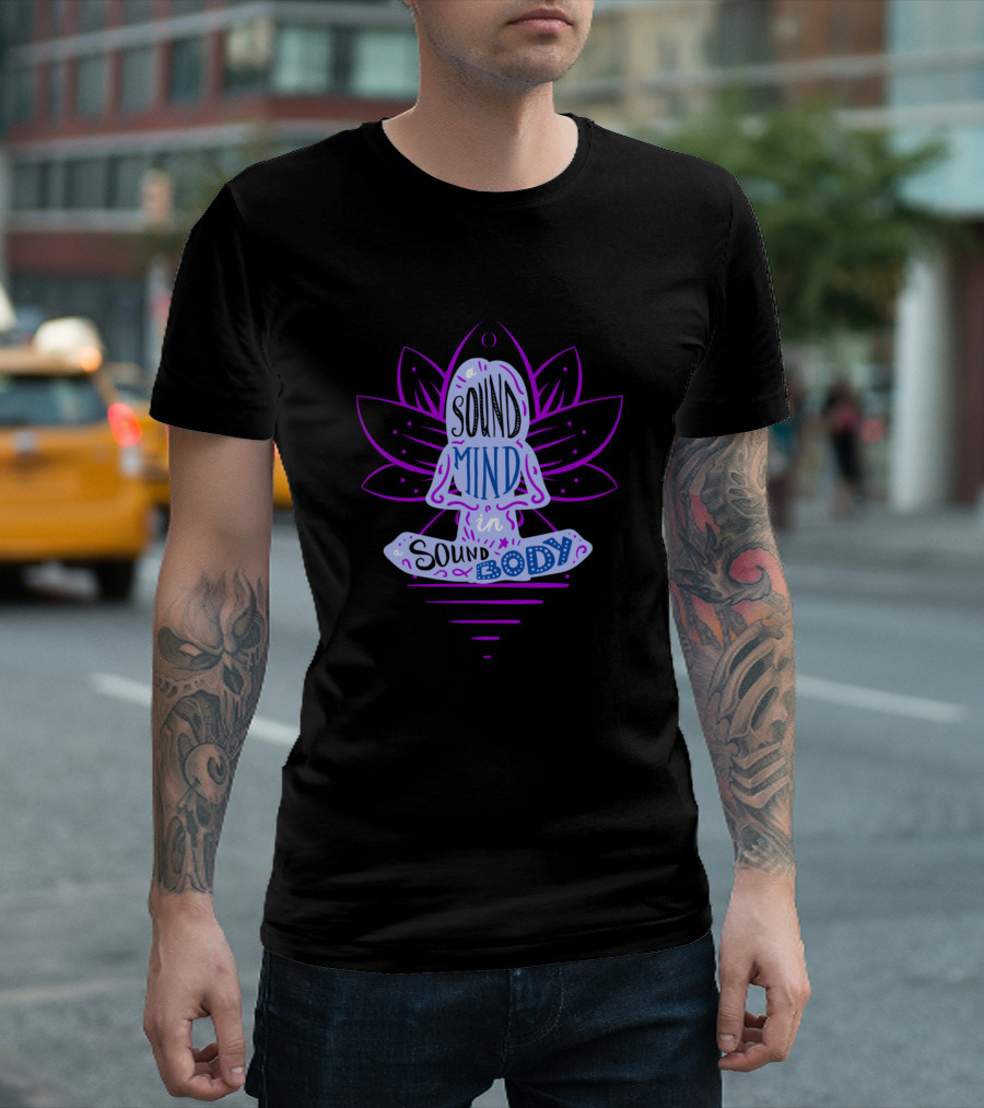 Sound Mind in Sound Body Purple Lotus Yoga Meditation T-Shirt