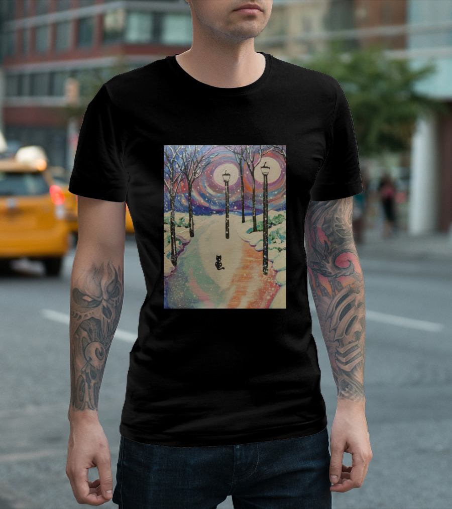 Stray Cat In Snowy Winter Park Night Scene with Lampposts T-Shirt