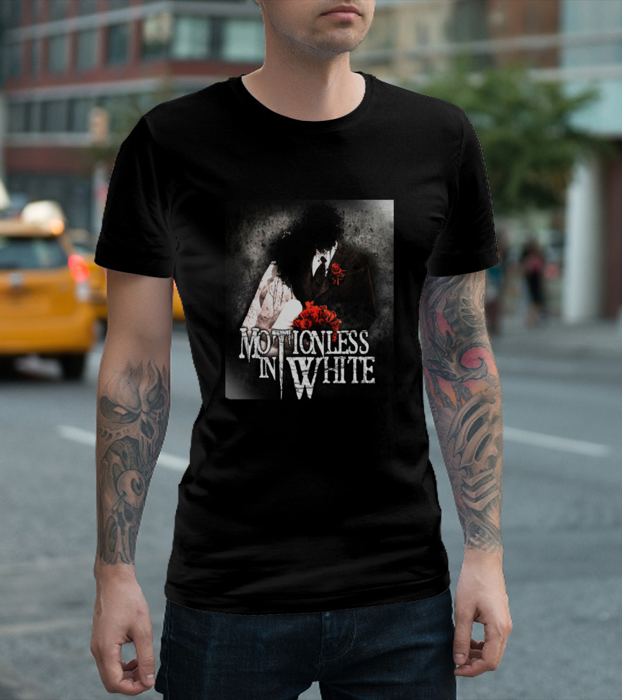 Motionless In White Dark Gothic Bride And Groom With Red Roses T-Shirt