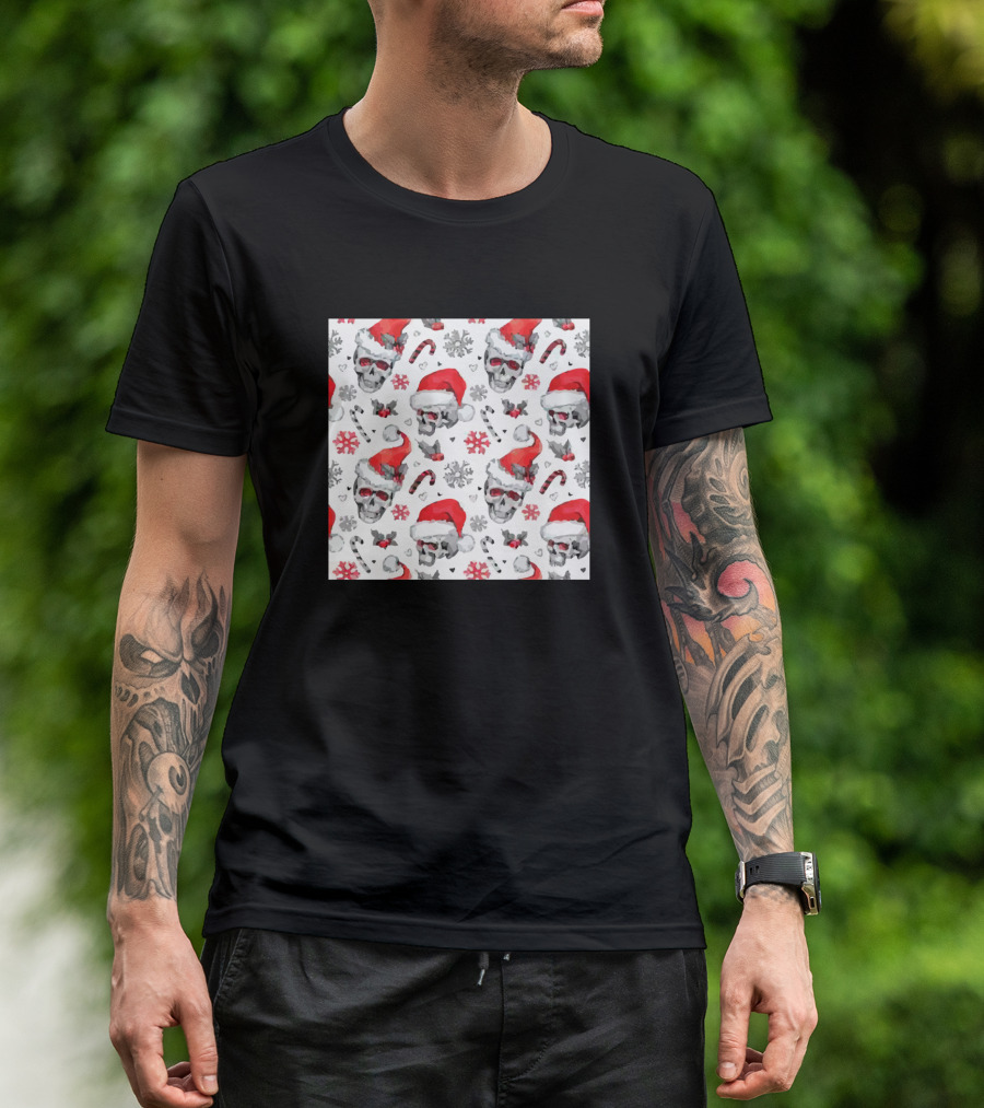 Watercolor Seamless Pattern Sketchy Urban Santa Skull Christmas T-Shirt