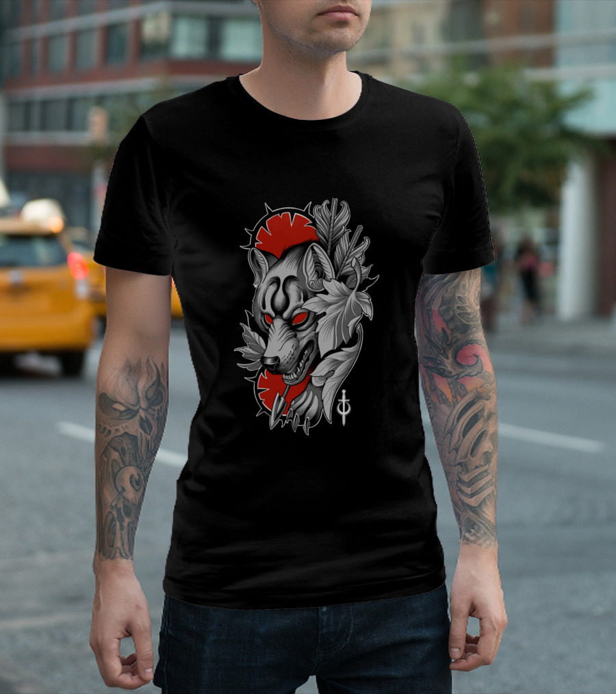 Wolf With Arrows And Decorative Foliage Wild Life T-Shirt