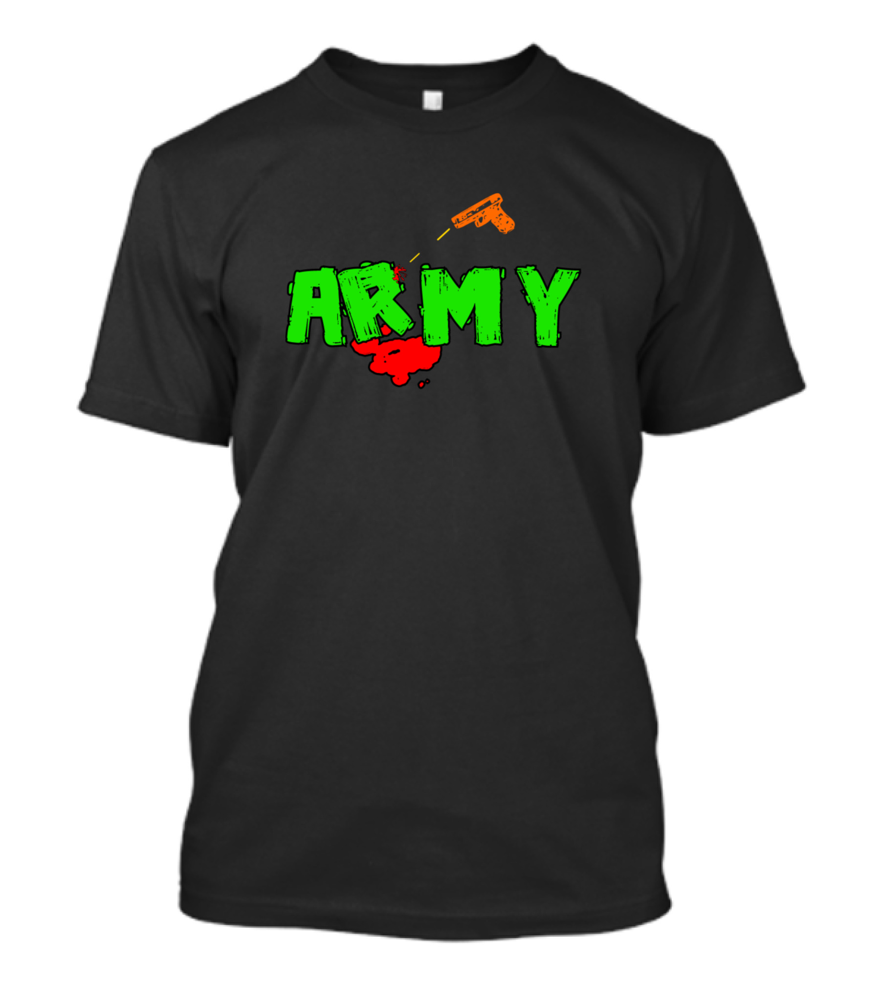 ARMY Green Text Red Splash Orange Gun T-Shirt