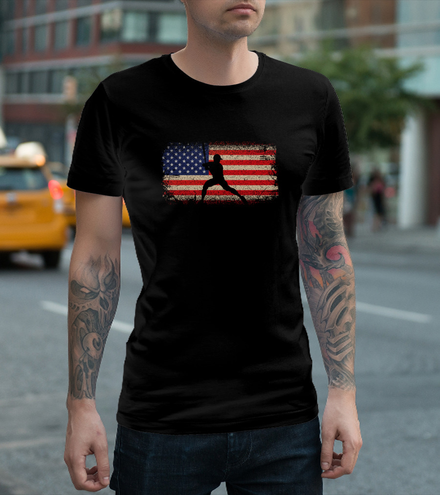 Baseball Player Silhouette Over American Flag T-Shirt