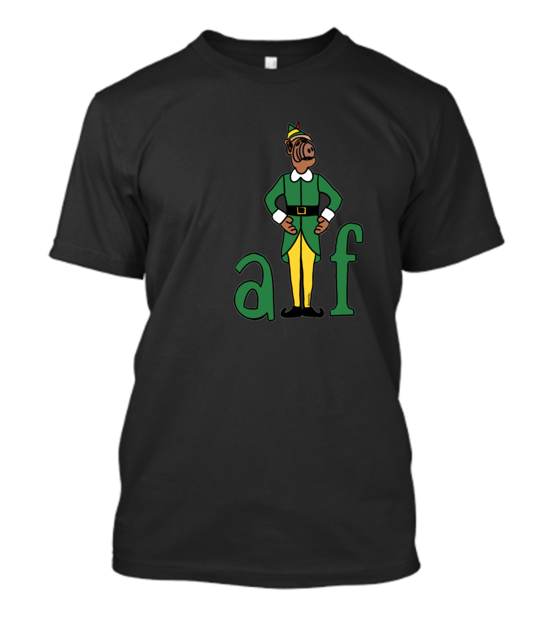 Buddy The Alf Elf Character In Green And Yellow Outfit With A L F Text T-Shirt
