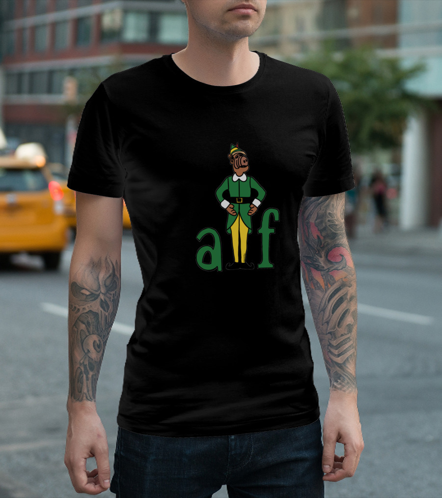 Buddy The Alf Elf Character In Green And Yellow Outfit With A L F Text T-Shirt