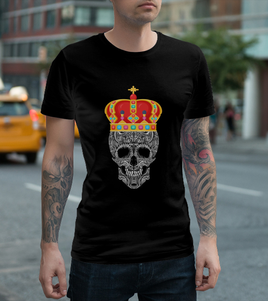 Decorative Skull with Intricate Details and Royal Gold Crown T-Shirt