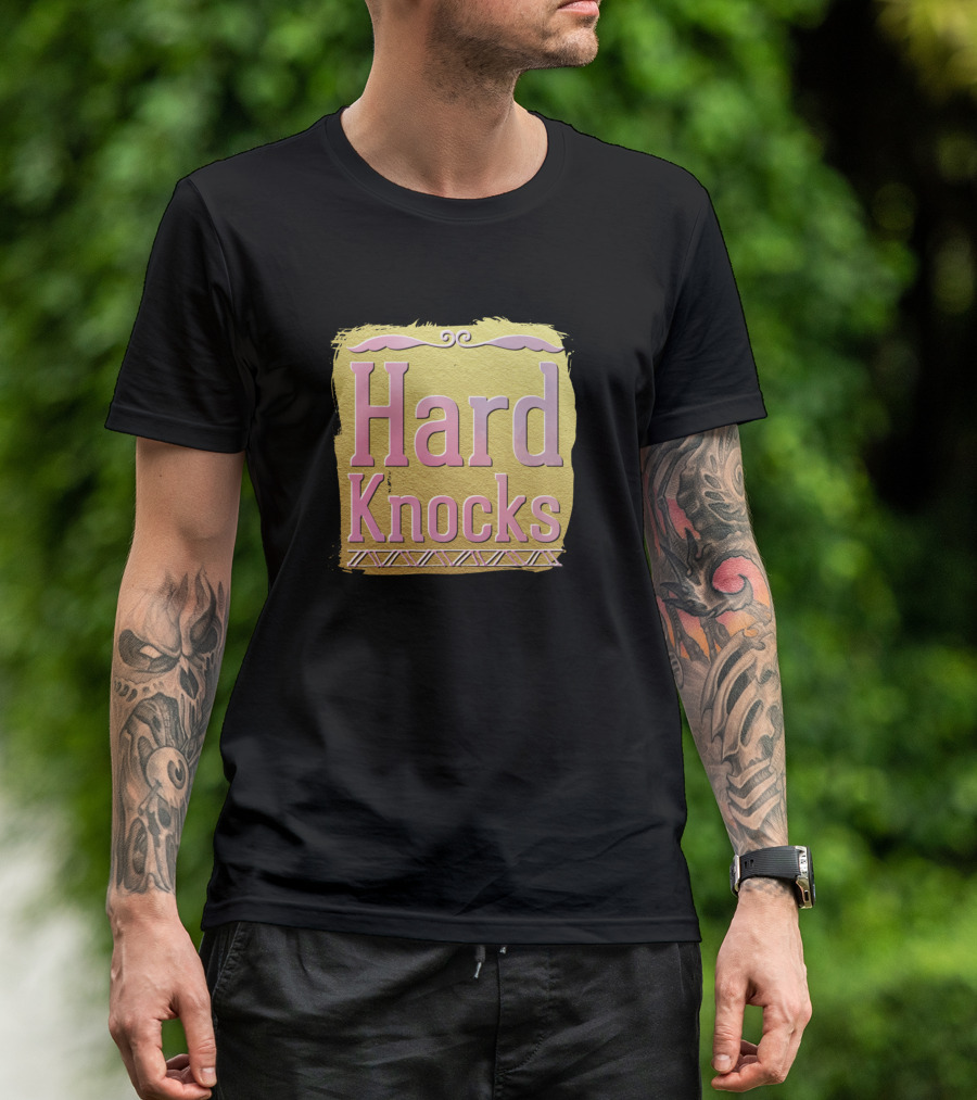 Hard Knocks Pink Text On Gold Background With Tribal T-Shirt
