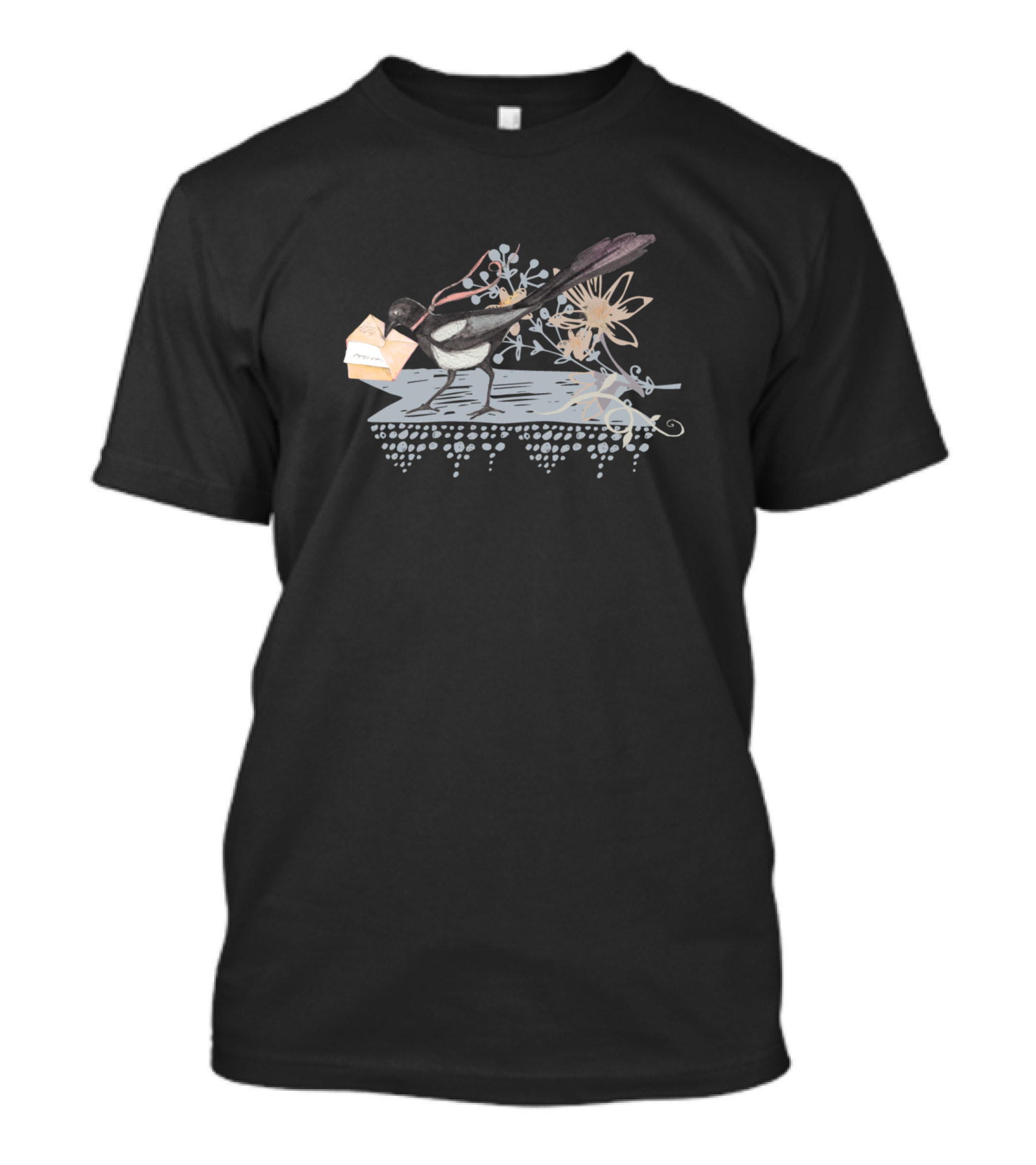 Magpie Mailman Decorative Floral Envelope Carrier T-Shirt