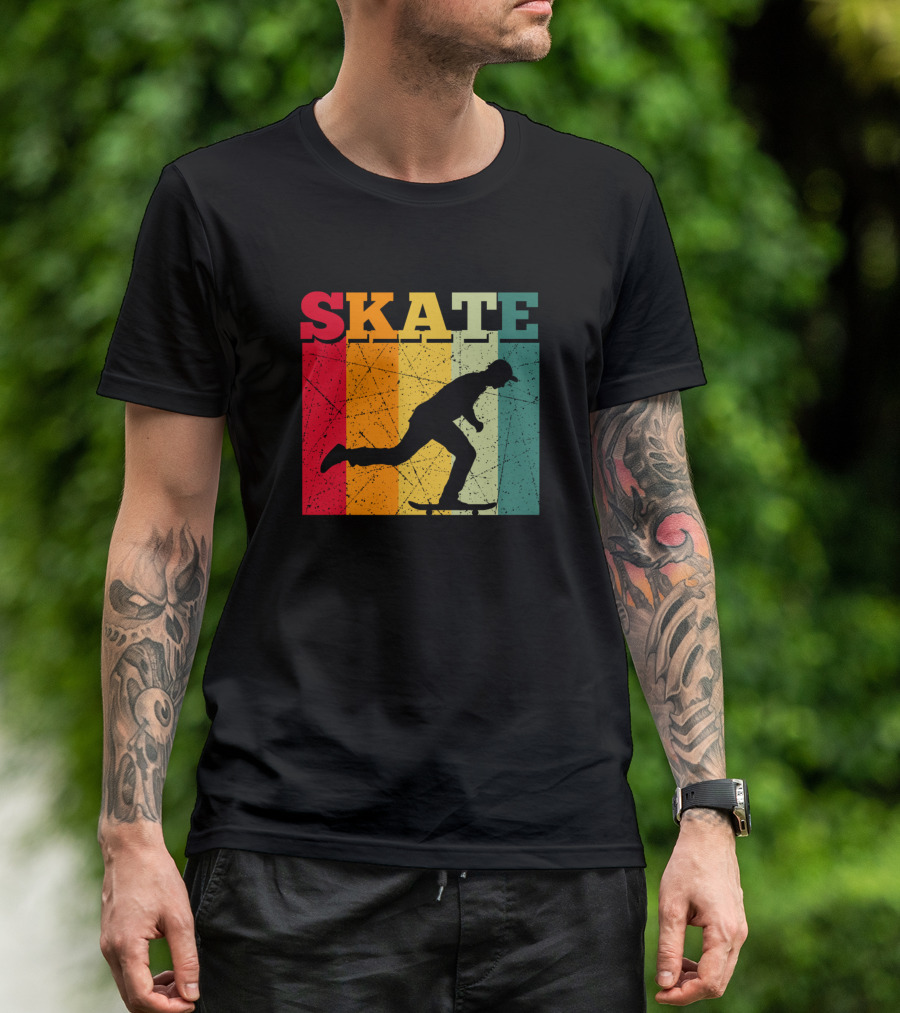 Retro Skate Skateboarder Silhouette Vintage Stripes T-Shirt