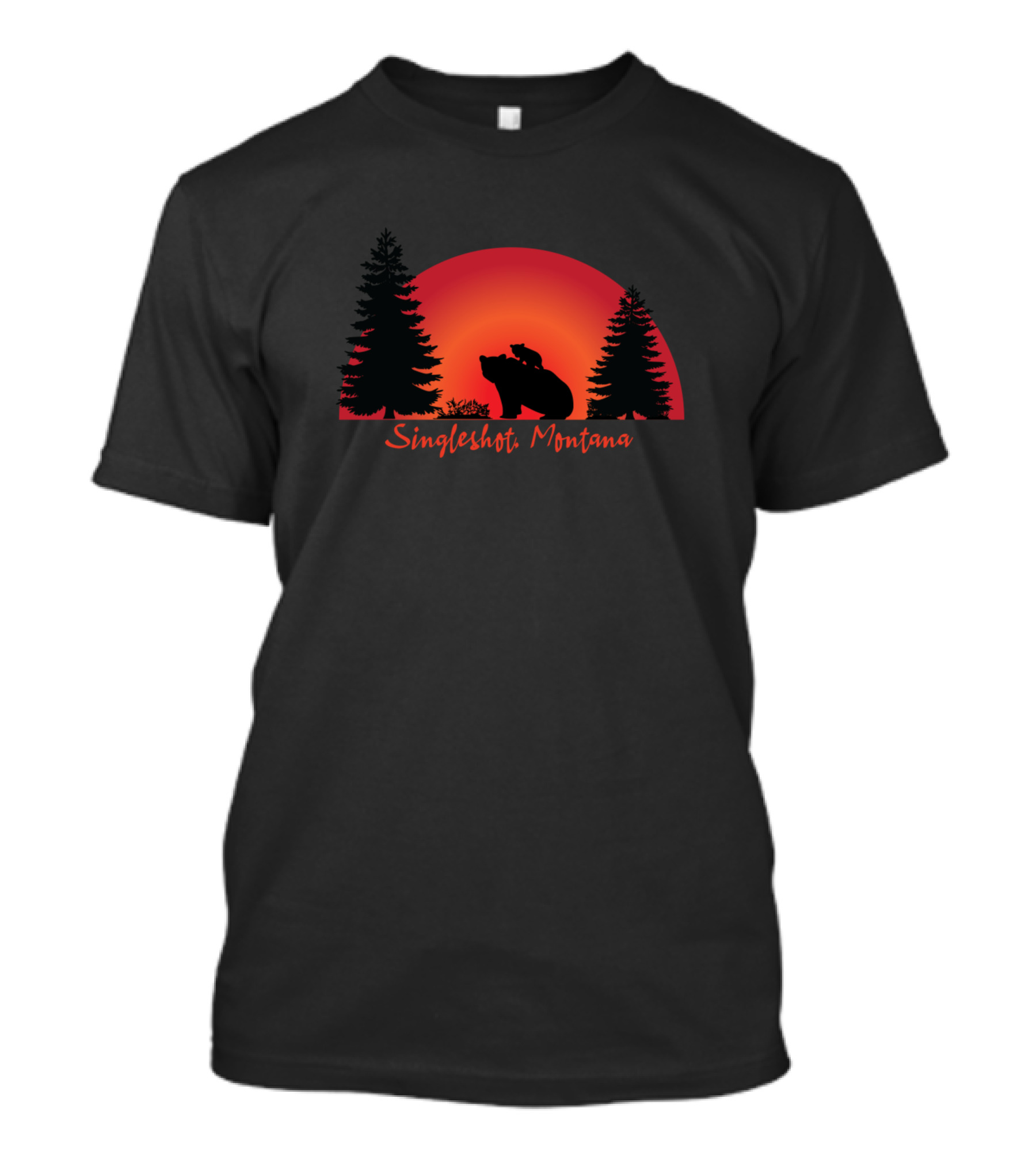 Singleshot Montana Bear Silhouette Against Red Sunset And Pine Trees T-Shirt