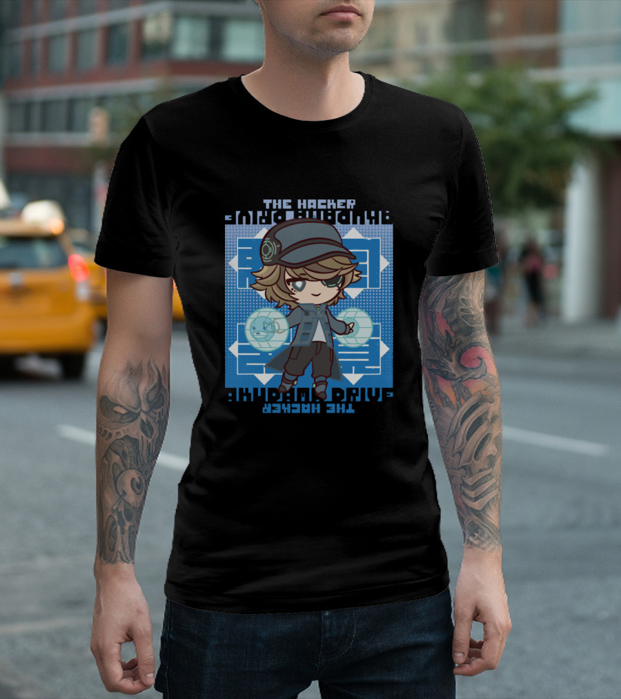 Akudama Drive The Hacker Chibi Character with Blue Background T-Shirt