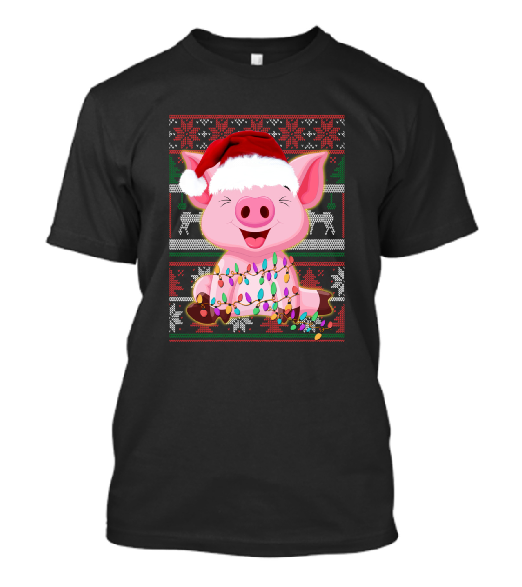 Funny Christmas Pig Lover Santa Hat And Lights T-Shirt