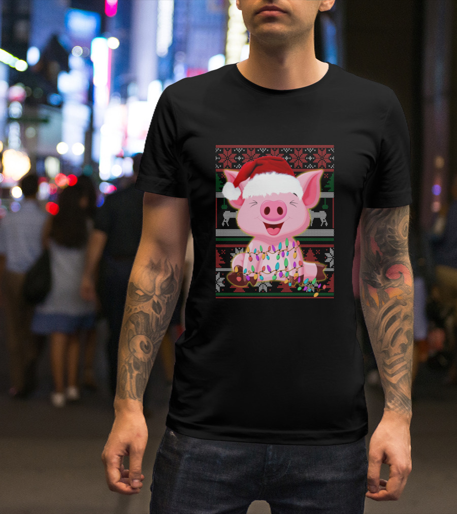 Funny Christmas Pig Lover Santa Hat And Lights T-Shirt