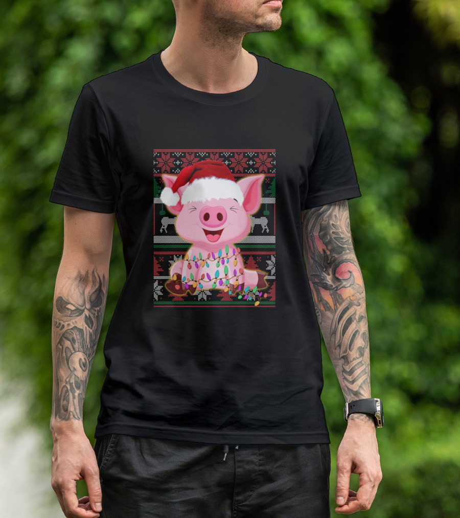 Funny Christmas Pig Lover Santa Hat And Lights T-Shirt
