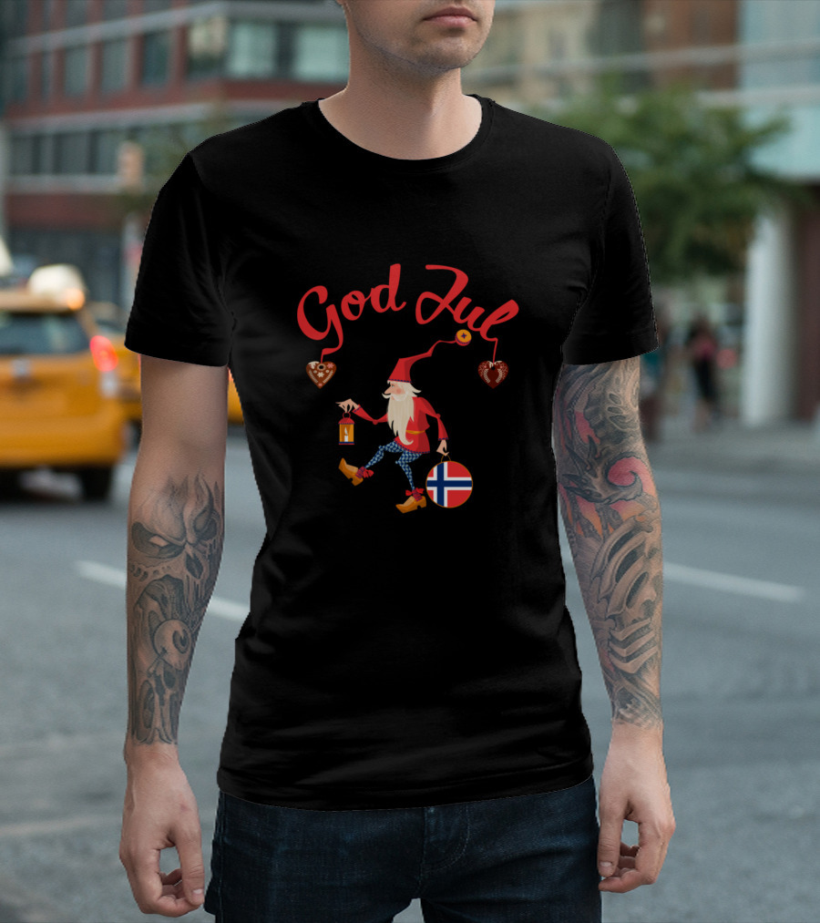 God Jul Norwegian Merry Christmas Tomte with Norway Flag T-Shirt