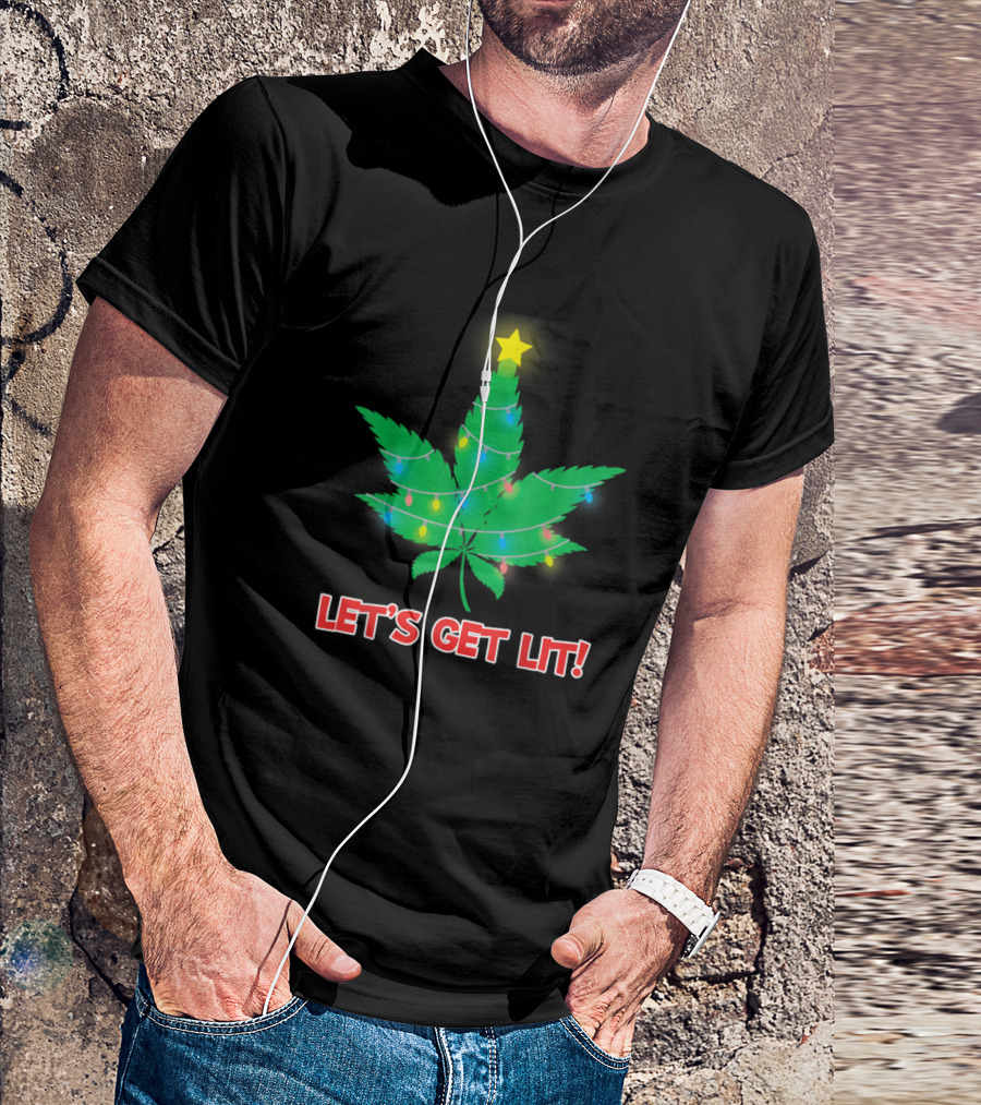 LET'S GET LIT Christmas Marijuana Leaf With Lights And Star T-Shirt