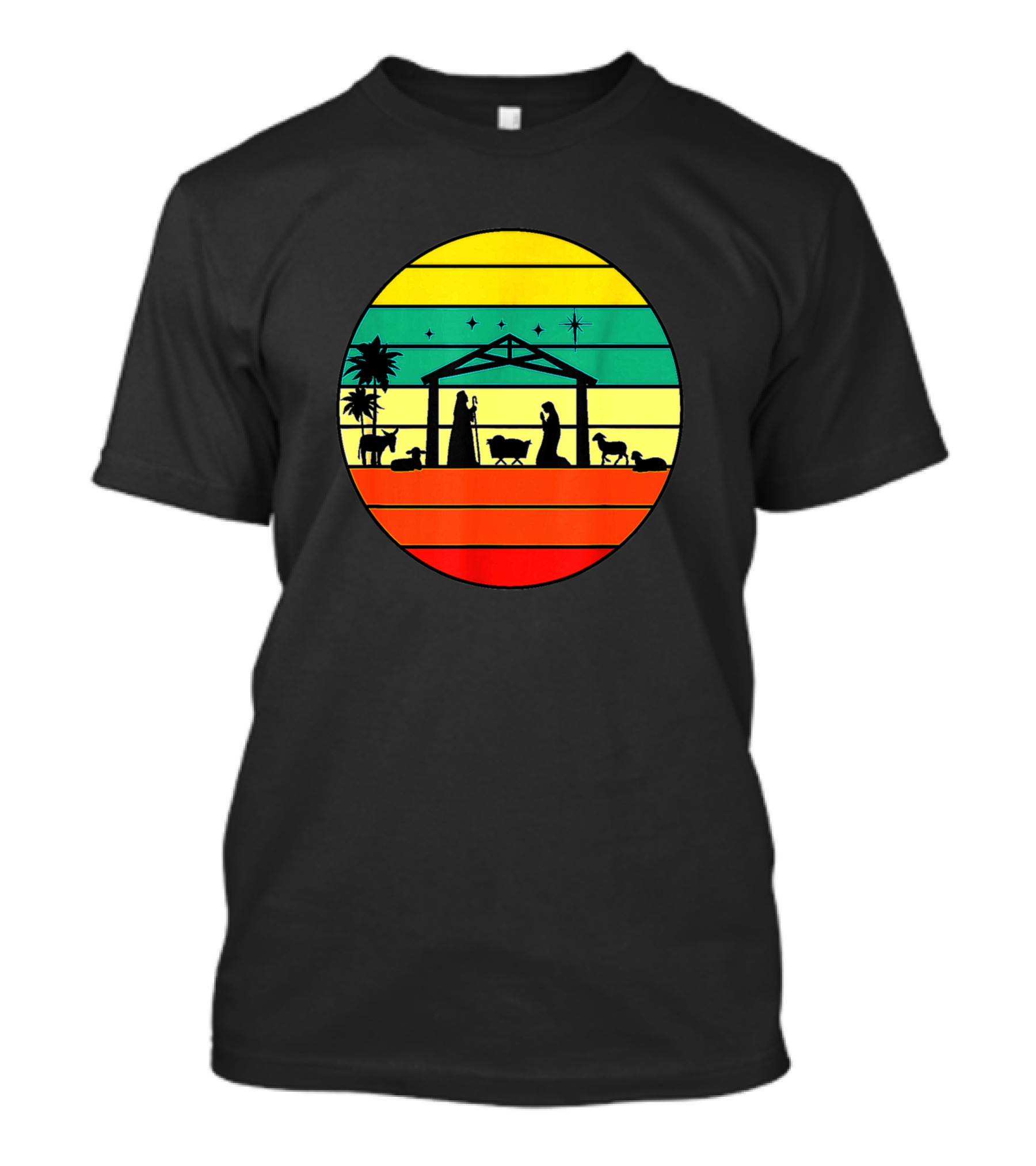 Nativity Manger Scene Baby Jesus True Story Retro Stripes T-Shirt