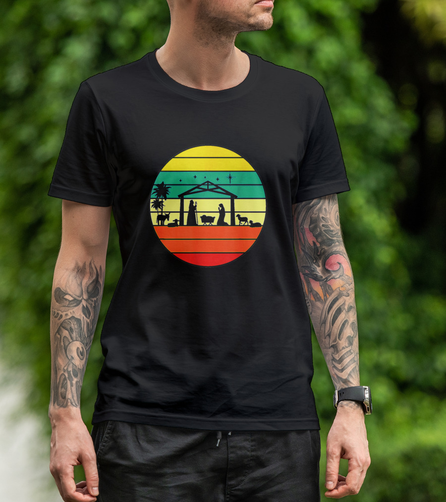 Nativity Manger Scene Baby Jesus True Story Retro Stripes T-Shirt